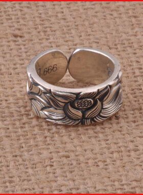 促销六字真言男士复古银戒指