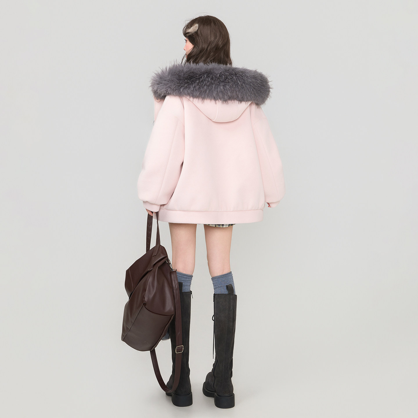 KEIKO 甜系大毛领毛呢外套女2025冬季粉色可拆蝴蝶结夹棉短款棉服,淘宝优惠券,粉丝福利购,淘宝优惠卷