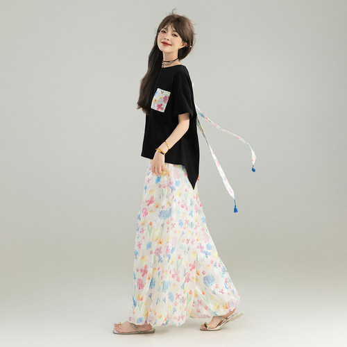 KEIKO 蝴蝶结飘带短袖t恤女26夏季漂亮碎花拼接前短后长宽松上衣 - 图0