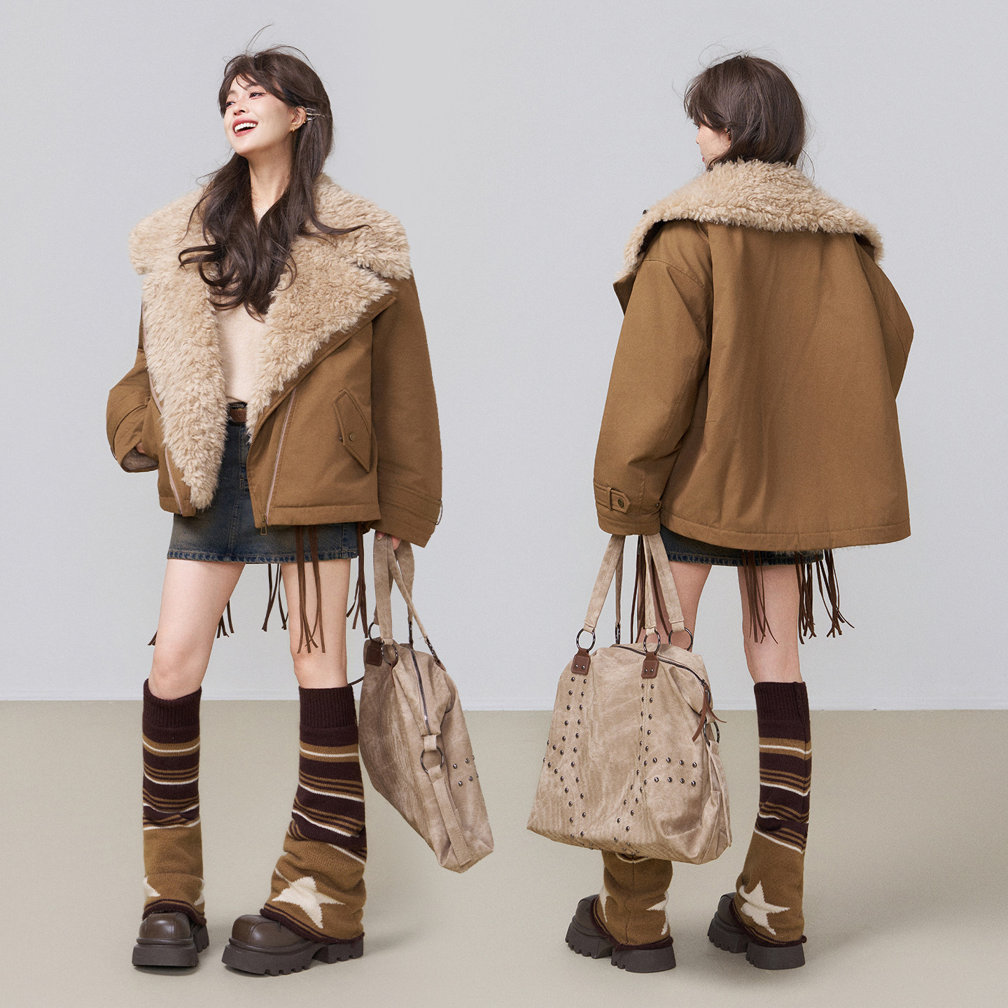 KEIKO[蓄热羊羔绒] 短款翻领派克服棉服女冬季巴恩风加厚皮草外套,淘宝优惠券,粉丝福利购,淘宝优惠卷