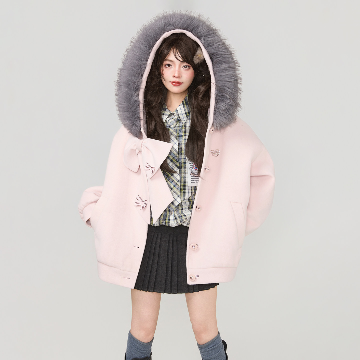 KEIKO 甜系大毛领毛呢外套女2025冬季粉色可拆蝴蝶结夹棉短款棉服,淘宝优惠券,粉丝福利购,淘宝优惠卷