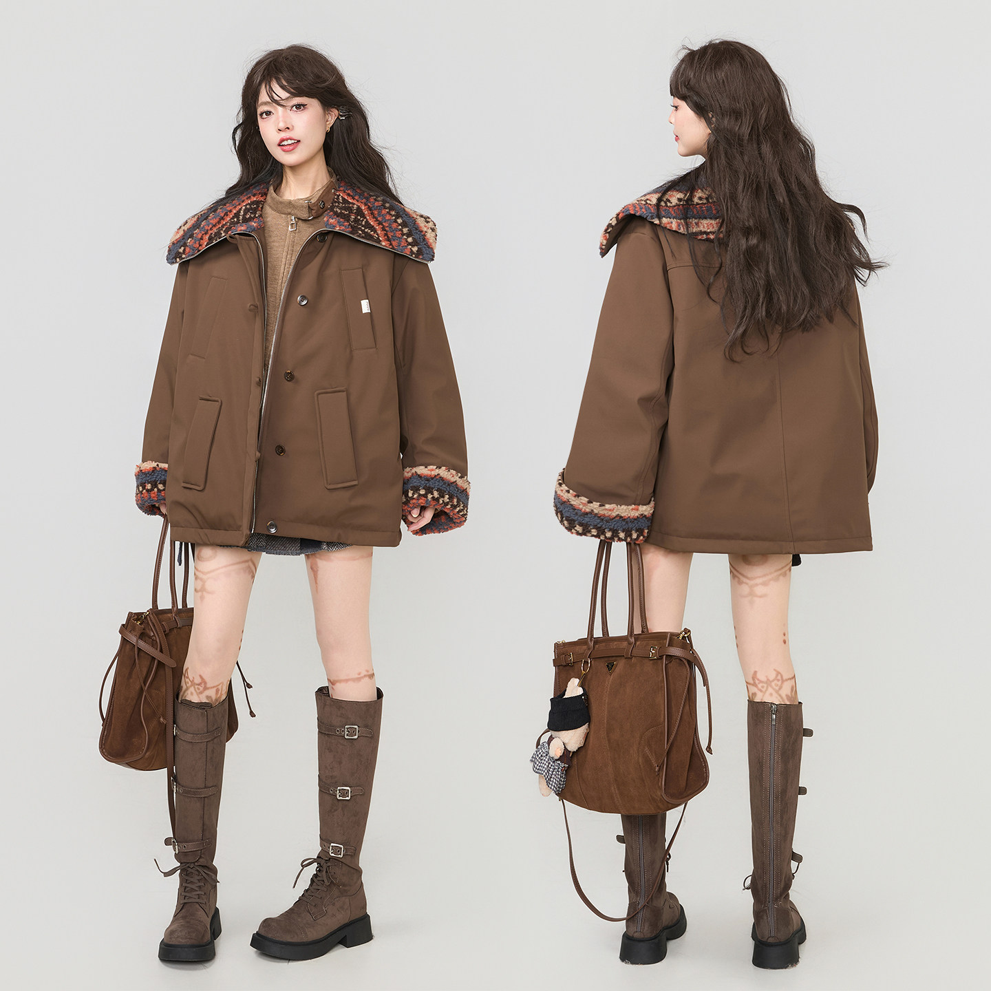 KEIKO 巴恩风羊羔毛拼接派克服棉衣2025冬季复古棕色工装加厚外套,淘宝优惠券,粉丝福利购,淘宝优惠卷