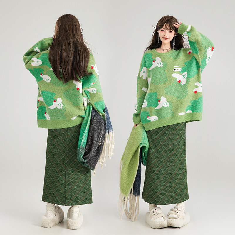 KEIKO 雏鸟提花慵懒风绿色毛衣女秋冬仿毛牛绒宽松加厚圆领针织衫