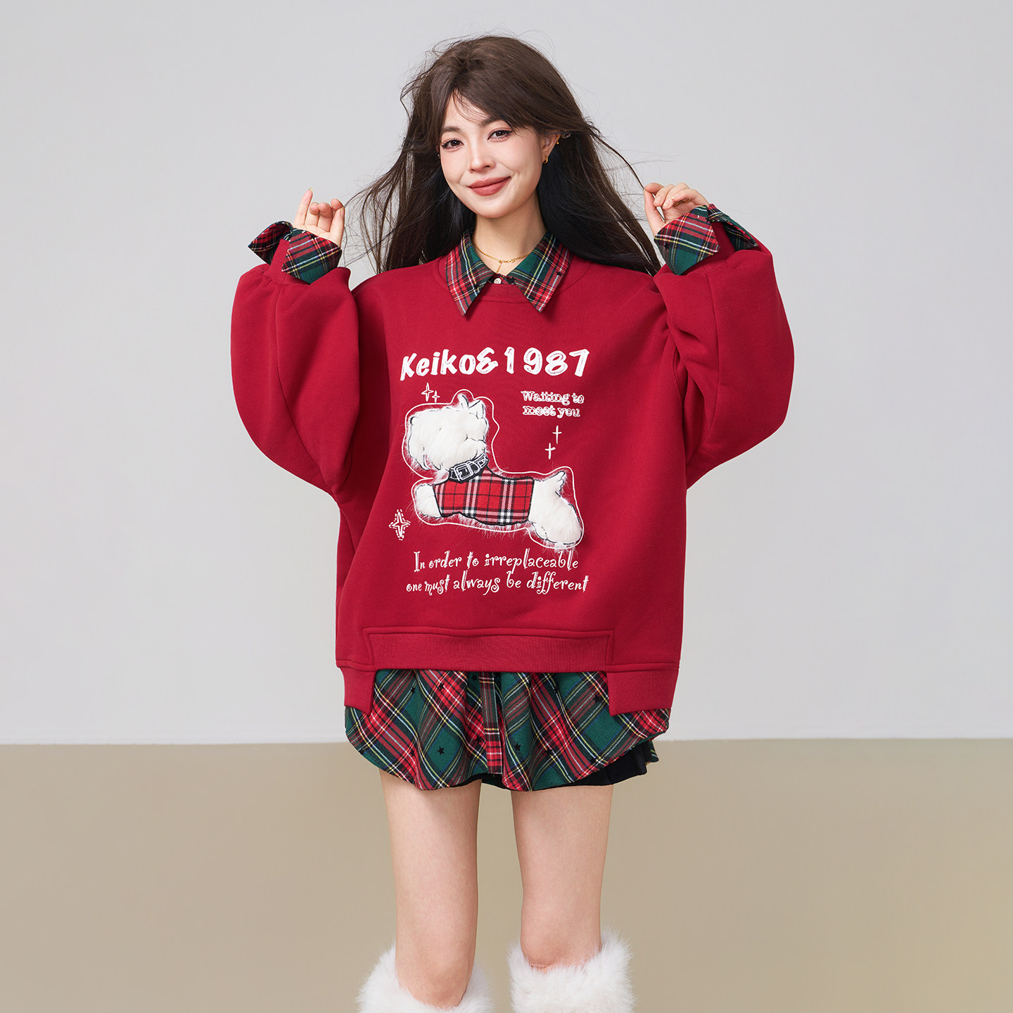 KEIKO [加密绒]小狗绣花红色卫衣女春季美式新年穿搭短款圆领上衣,淘宝优惠券,粉丝福利购,淘宝优惠卷