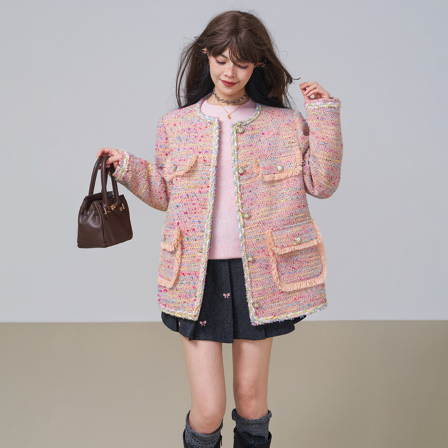 KEIKO [夹棉]小香风编织粗花呢外套春季温柔法式粉色短款毛呢大衣,淘宝优惠券,粉丝福利购,淘宝优惠卷