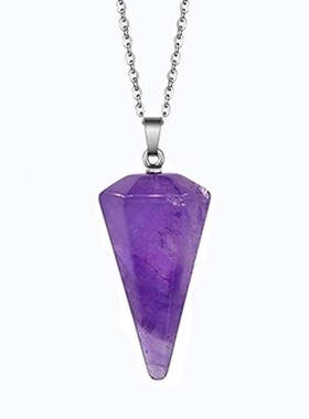 欧美大号紫晶粉晶天然石吊坠六角柱 锥形灵摆切面水晶吊坠项链