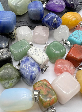 天然水晶玛瑙紫水晶虎眼石不规则吊坠 跨境热卖小方块项链小吊坠