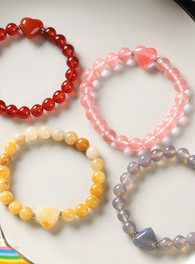 天然水晶虎眼石黑曜石紫水晶爱心手串时尚圆珠情侣手串跨境热卖