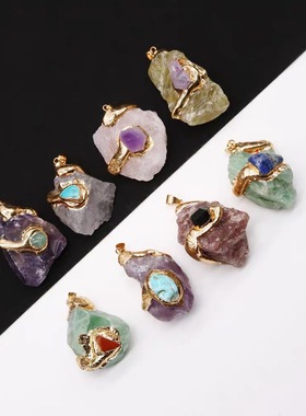 跨境20~40mm超大鎏金水晶原石吊坠多色水晶石不规则项链饰品配件