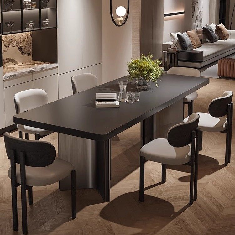 意式极简纯黑加厚岩板餐桌椅组合大户型大板桌长方形岛台复古茶桌,淘宝优惠券,粉丝福利购,淘宝优惠卷