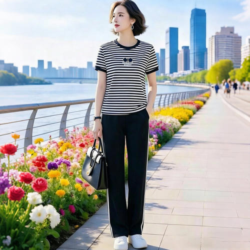 素雅订制女装原创品牌活力减龄冰丝刺绣条纹洋气休闲运动两件套装 - 图3