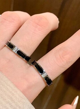 黑色滴釉钛钢戒指女轻奢高级感尾戒素圈戒指女小众设计锆石食指环