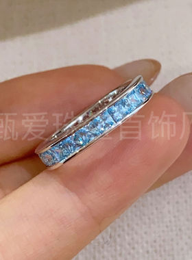 925银热销欧美满镶公主方排戒女夏日百搭浅海蓝彩宝个性饰品批发