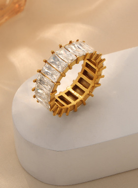 跨境轻奢风钛钢镀金镶满锆石设计戒指指环饰品批发女小众设计指环