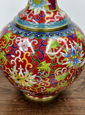 细工重胎景泰蓝花瓶铜胎掐丝珐琅12英寸红色缠莲纹赏瓶家居摆件