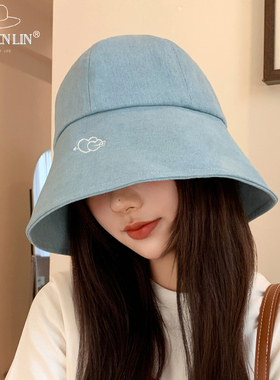 日系字母翻边做旧牛仔渔夫帽春夏女大檐帽遮阳帽显脸小时尚防晒帽