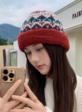 民族风费尔岛手工针织女秋冬复古提花显脸小毛线帽保暖包头帽时尚