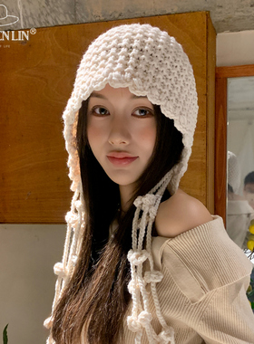 手工编织流苏针织帽女秋冬镂空护耳保暖民族风甜美可爱红色毛线帽