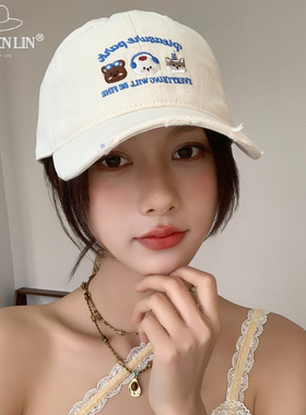 奶黄色刺绣卡通小狗棒球帽2025新款鸭舌帽女春夏天宽檐大头围帽子