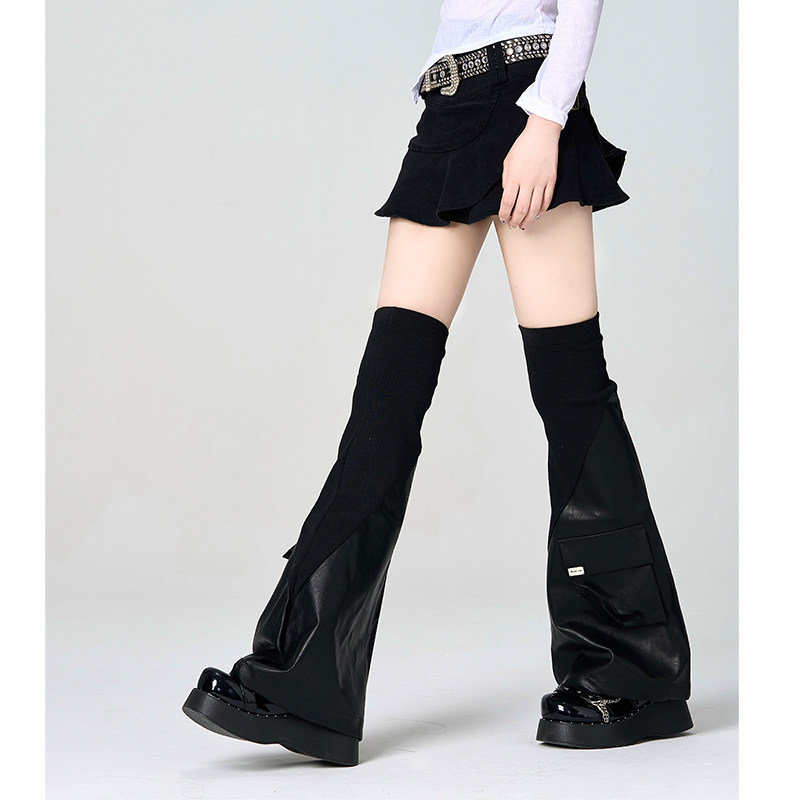 辣妹腿套y2k黑色机能风袜套pu皮质拼接过膝袜子女口袋皮裤ins潮袜,淘宝优惠券,粉丝福利购,淘宝优惠卷
