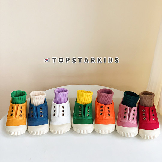 韩国童鞋春夏儿童帆布鞋男女童一脚蹬幼儿园小白鞋宝宝软底室内鞋