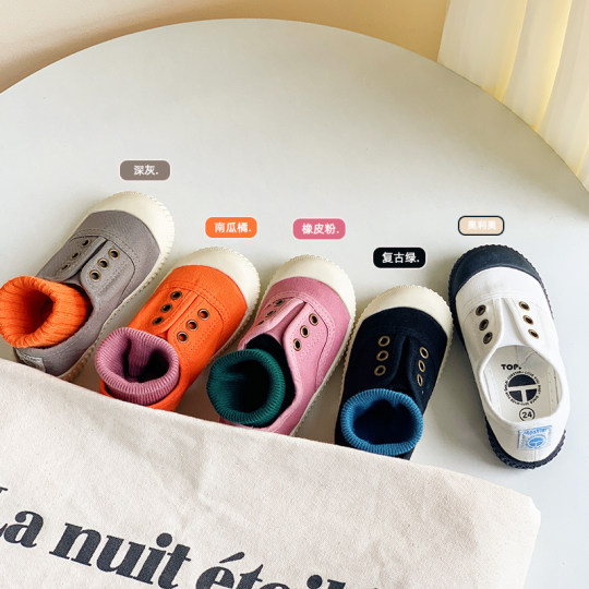 韩国童鞋春夏儿童帆布鞋男女童一脚蹬幼儿园小白鞋宝宝软底室内鞋