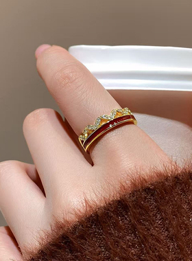 欧饰泥女合金轻奢红色波浪开口戒