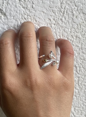 结小果子啦。S925纯银天然珍珠植物树叶自然造型戒指环新中式气质