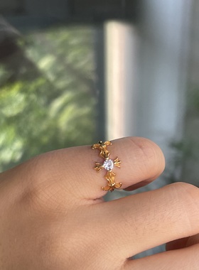 【小尾戒】S925纯银镀金十字鸢尾花设计锆石简约戒指环精致时髦