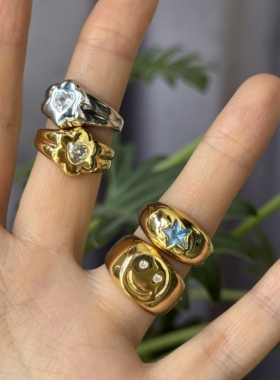 保持微笑。金银色笑脸花朵爱心锆石戒指简约时髦小众设计百搭个性