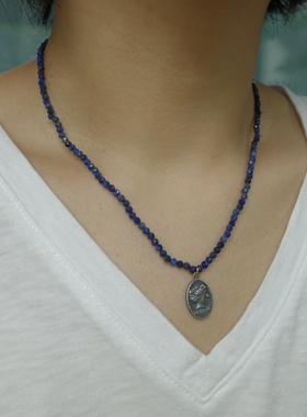 力量感。天然青金石蓝色细项链狮子古希腊女神复古银币双面吊坠