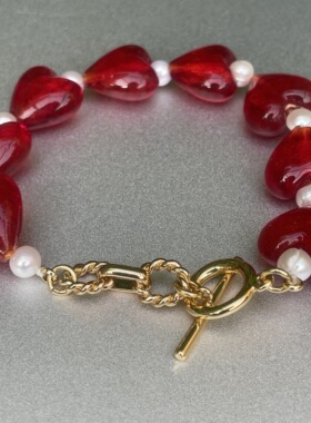 炙热爱恋。红色手工琉璃爱心天然珍珠ot扣手链精致清新时髦多巴胺