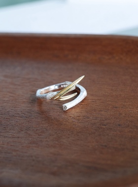 纤巧竹影。通体s925银拉丝金撞色竹节叶片戒指环开口可调中式国风