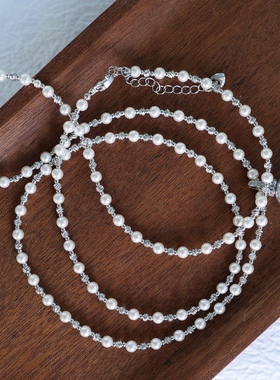 一丝宝气。高级感灰白色人造珍珠吊坠长项链秋冬毛衣随性时髦双层