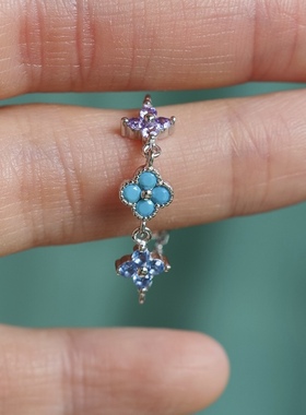 小小花朵。蓝紫色系四叶草S925极细链条抽拉调节戒指时髦清新个性