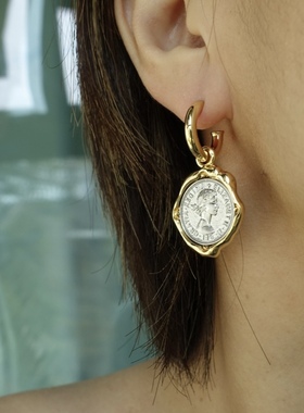 古老时光. 复古钱币女神头像图案双面吊坠C字耳钉925银针优雅风