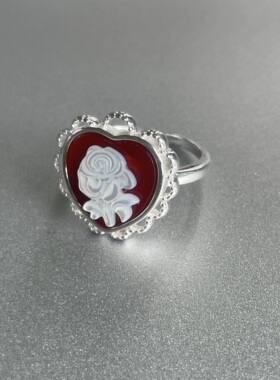 娇艳花朵。S925纯银红色卡梅奥玫瑰贝壳戒指开口设计复古设计气质