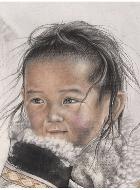 唐坚雪域岁月小孩与藏獒国画高清复制酒店客厅装饰画学习临摹手稿