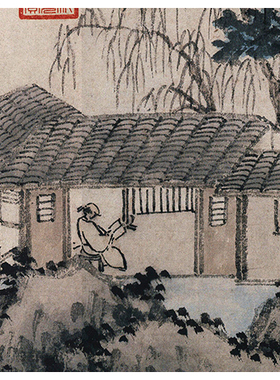 1:1明 沈周 清园图 古代水墨山水人物画横幅长卷装饰画宣纸复制