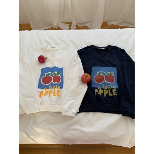 直邮 首尔印象韩代 26ss TOLL苹果图案宽松落肩V领休闲T恤卫衣女 - 图3