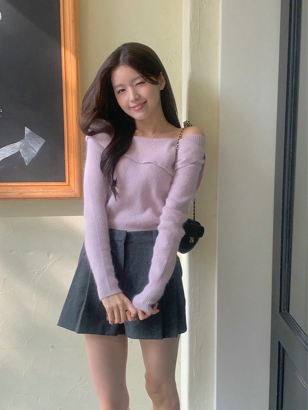 直邮 if you 25fw 氛围感温柔粉色斜露肩翻领螺纹修身针织衫女 - 图1