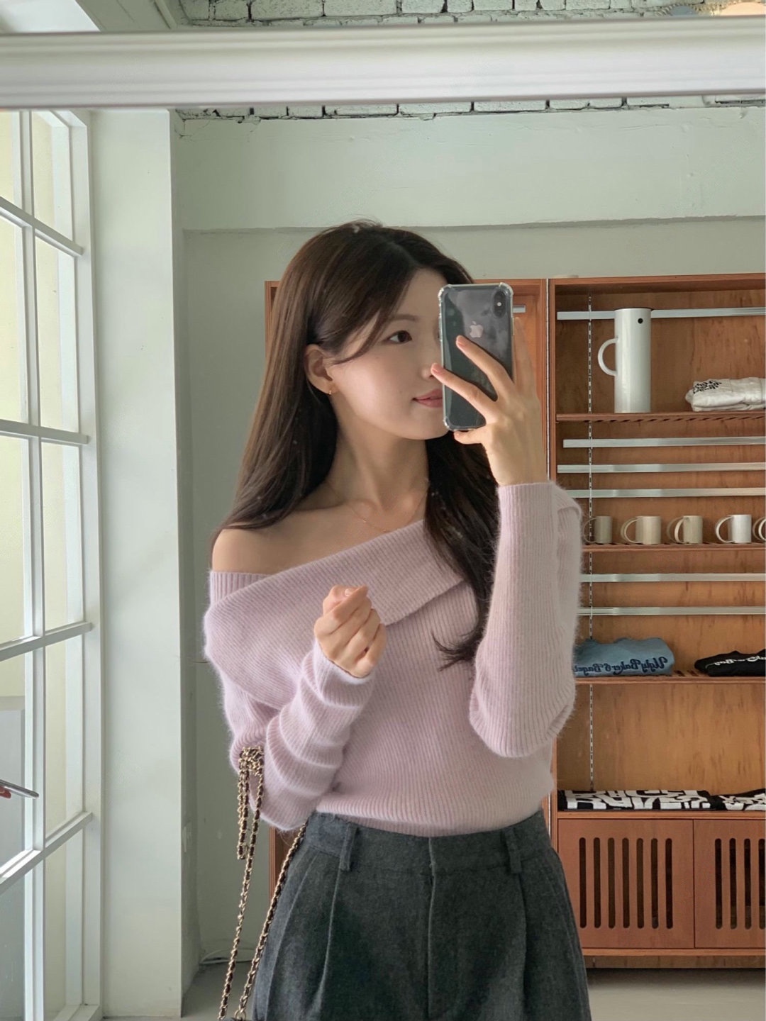 直邮 if you 25fw 氛围感温柔粉色斜露肩翻领螺纹修身针织衫女 - 图0