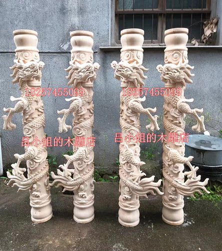 东阳木雕实木中式盘龙柱双龙凤柱寺庙圆木柱风水柱佛龛纯手工定制 - 图3