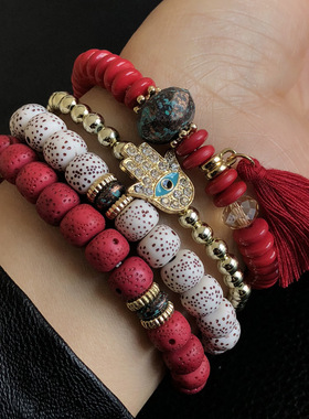 波西米亚菩提手环女蓝色流苏西藏