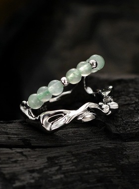 PREDAMS 创意小众设计师款S925纯银新中式竹节东陵玉国风复古戒指