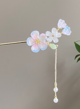 古风桃花水晶珍珠流苏发簪