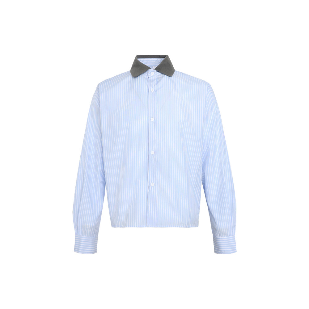 VERY FEWEST 时髦设计感螺纹领拼接条纹短款长袖衬衫松弛感衬衣