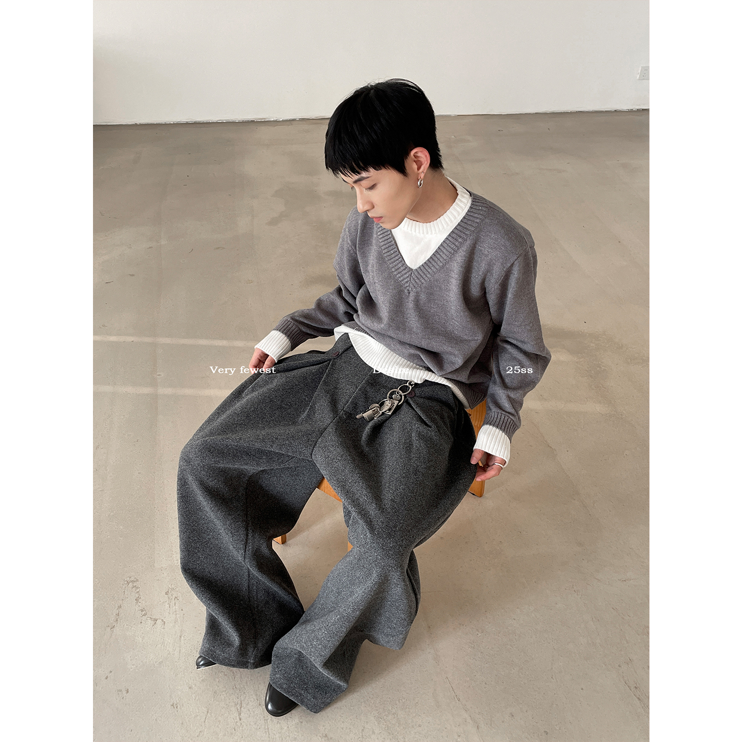 VERY FEWEST 懒人叠穿风双层撞色假两件针织衫羊毛混纺松弛感毛衣 - 图1