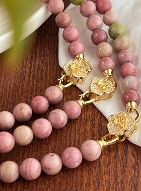 国风复古轻雅粉绿色天然红木纹石南方玉项链锁骨链