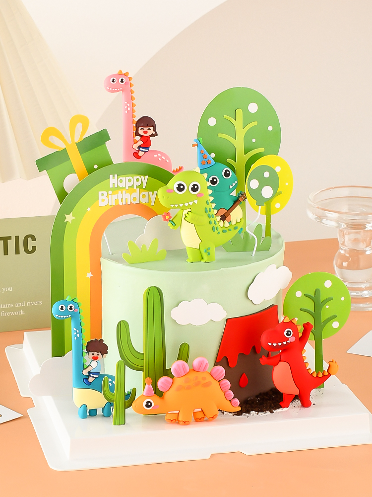 小恐龙霸王龙蛋糕装饰软胶恐龙宝宝摆件卡通儿童周岁生日烘焙装扮 - 图0